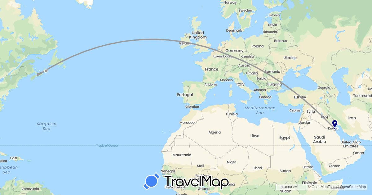 TravelMap itinerary: driving, plane in Canada, Germany, Kuwait (Asia, Europe, North America)